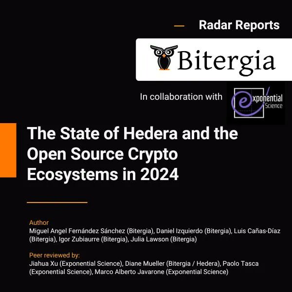 hedera's tweet image. The @Bitergia Radar Report: "The State of Hedera and the Open Source Crypto Ecosystems in 2024" is now available. 

This report provides an analysis of Hedera’s position within the broader open-source crypto ecosystem, and assesses the dynamics of blockchain development and…
