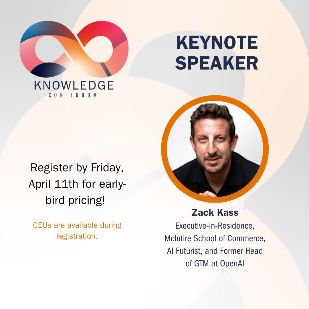 Exciting news! Zack Kass, McIntire Executive-in-Residence, AI Futurist &amp; former OpenAI Head of GTM, will be a keynote speaker at the UVA McIntire Knowledge ∞ Continuum in Charlottesville May 2! Register by April 11 for early-bird pricing! CEUs available. commerce.virginia.edu/centers/cmit/k…