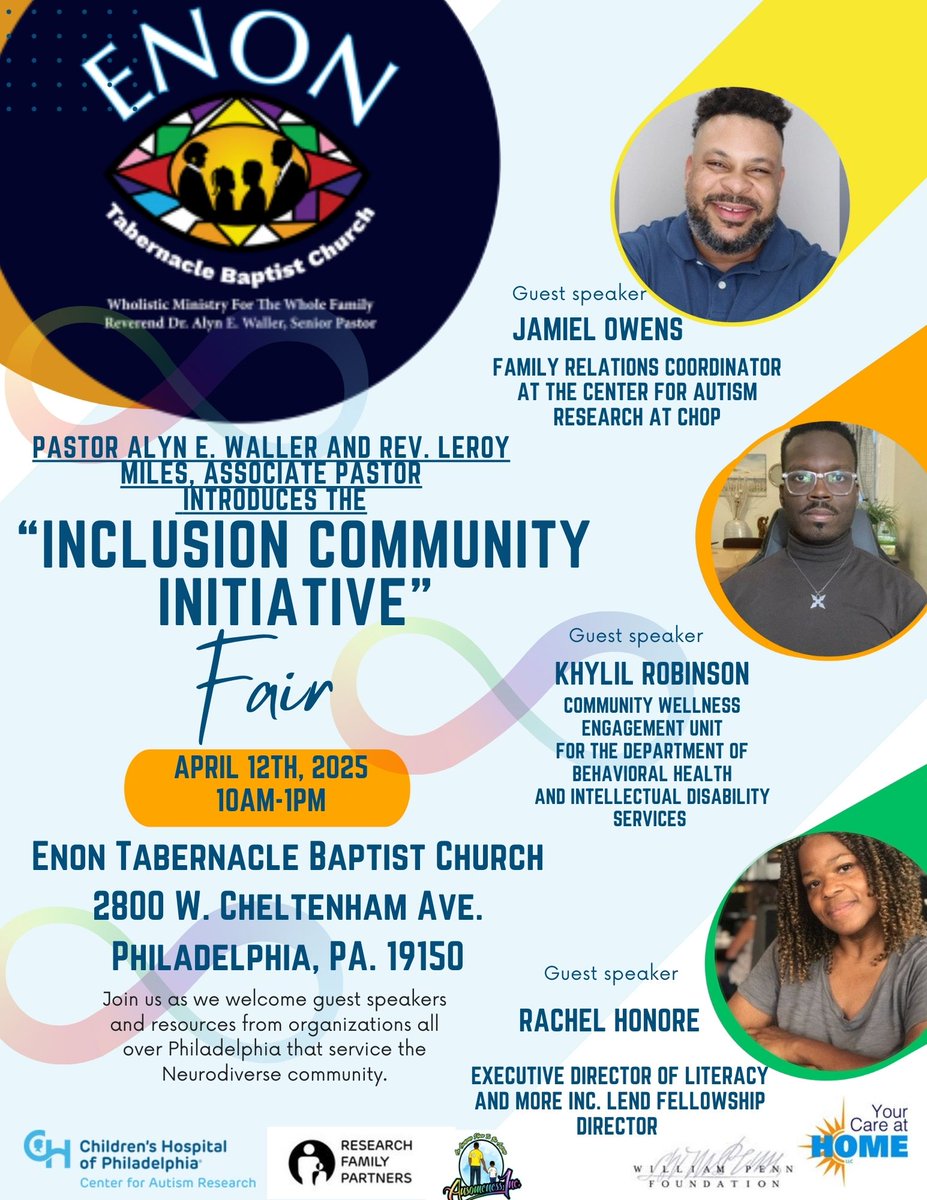 Join in the Inclusion Community Initiative Fair at ENON Tabernacle Baptist Church on April 12th from 10:00am-1:00pm.  This wonderful event includes dear friends and colleagues of the Autism Institute!