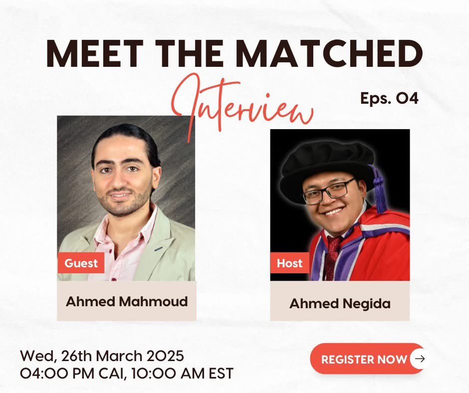 Another episode on Wednesday. From Unmatched (2024) to Matched (2025) in Internal Medicine, Audacious Decisions in the Face of Challenges.

Ahmed Mahmoud a graduate of 2023 class in Egypt, he initially struggled with studying for Step 1, but finished step 2 and step 3 in 3 and 1