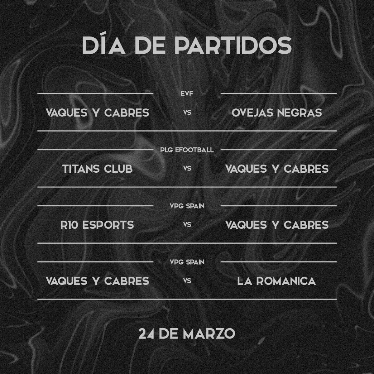 🐄MATCHDAY🐄
➖
🆚 <a href="/OvejasNegrasCf/">Ovejas Negras CF</a> 
2⃣2⃣:2⃣0⃣ <a href="/Official_EVF/">Elite Virtual Football</a> 
➖
🆚 #Titans
2⃣2⃣:4⃣0⃣ <a href="/PLGeFootBall/">PLG efootball</a> 
➖
🆚 <a href="/R10Esports/">R10 eSports</a> 
2⃣3⃣:0⃣0⃣ <a href="/VPG_Spain/">Virtual Pro Gaming España</a> 
➖
🆚 <a href="/laroma210/">LaRománica eSports</a> 
2⃣3⃣:2⃣0⃣ <a href="/VPG_Spain/">Virtual Pro Gaming España</a>