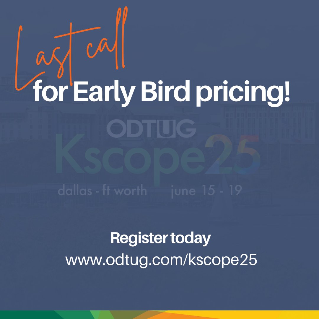 odtug's tweet image. Early Bird pricing for #Kscope25 ends this week! Join your ODTUG colleagues and friends for the premier #Oracle User Group Conference. Register today - odtug.com/kscope25

#orclAnalytics #orclAPEX #orclDB #orclEPM #OracleOCI #EmergingTech