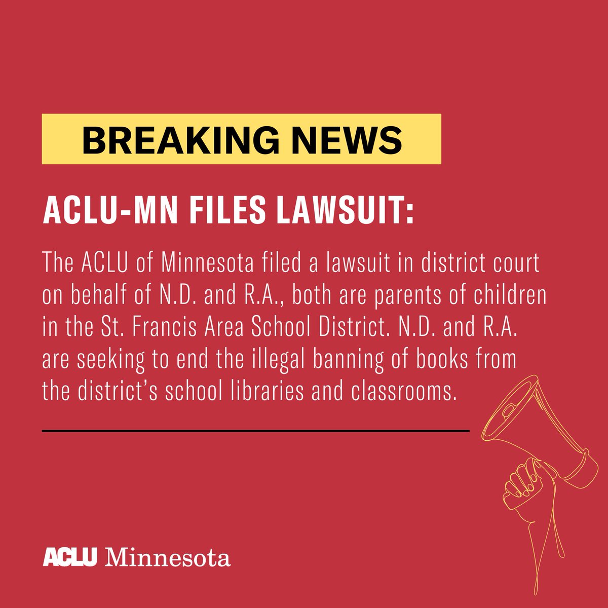 The freedom to read is fundamental to our democracy, and the ACLU-MN stands with St. Francis students demanding that their school board stop violating their constitutional right to access information.

Learn more here: aclu-mn.org/en/press-relea…