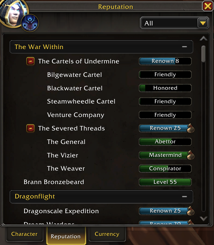ScottH523's tweet photo. @BlizzardCS Some TWW reputations missing after achieving Khaz Algar Diplomat (max renown). Council of Dornogal, Assembly of the Deeps, and Hallowfall Arathi are missing (none are marked inactive). https://t.co/cjosJ2xCdy
