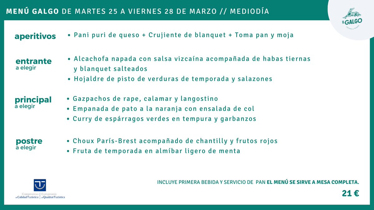 elgalgoelche's tweet photo. [Menú semanal] Esta es nuestra propuesta para los mediodías de martes 25 a viernes 28 de marzo. Os esperamos.

📖 Reservas
💻 >> https://t.co/dvg277BRi5
📱>> Whatsapp en el 691 84 67 23 https://t.co/q0awnpKkwT