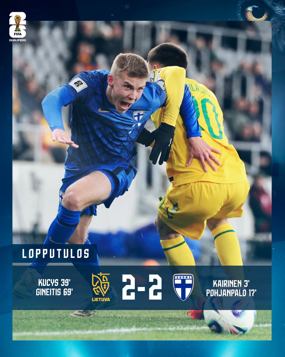 Huuhkajat's tweet photo. Suomen johto suli Liettuassa.
Huuhkajat keräsi maaliskuun kahdesta MM-karsintamatsista neljä pistettä. Kesäkuussa jatketaan Helsingin Olympiastadionilla! 🦉
Kausikortit ➡️ https://t.co/lpCVylWNQ1
#Huuhkajat #MeOlemmeSuomi #LTUFIN #WCQ #WCQfi https://t.co/C63nn8HvYd