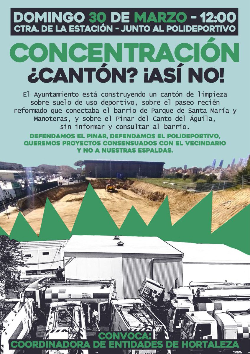 AVLaUnion's tweet photo. Concentración el domingo 30/marzo a las 12h a la altura del polideportivo en la Carretera de la Estación de Hortaleza
En defensa del pinar y del polideportivo
Por la transparencia en la gestión municipal y la participación ciudadana en el distrito de Hortaleza
Únete para pararlo https://t.co/53CU5P126J