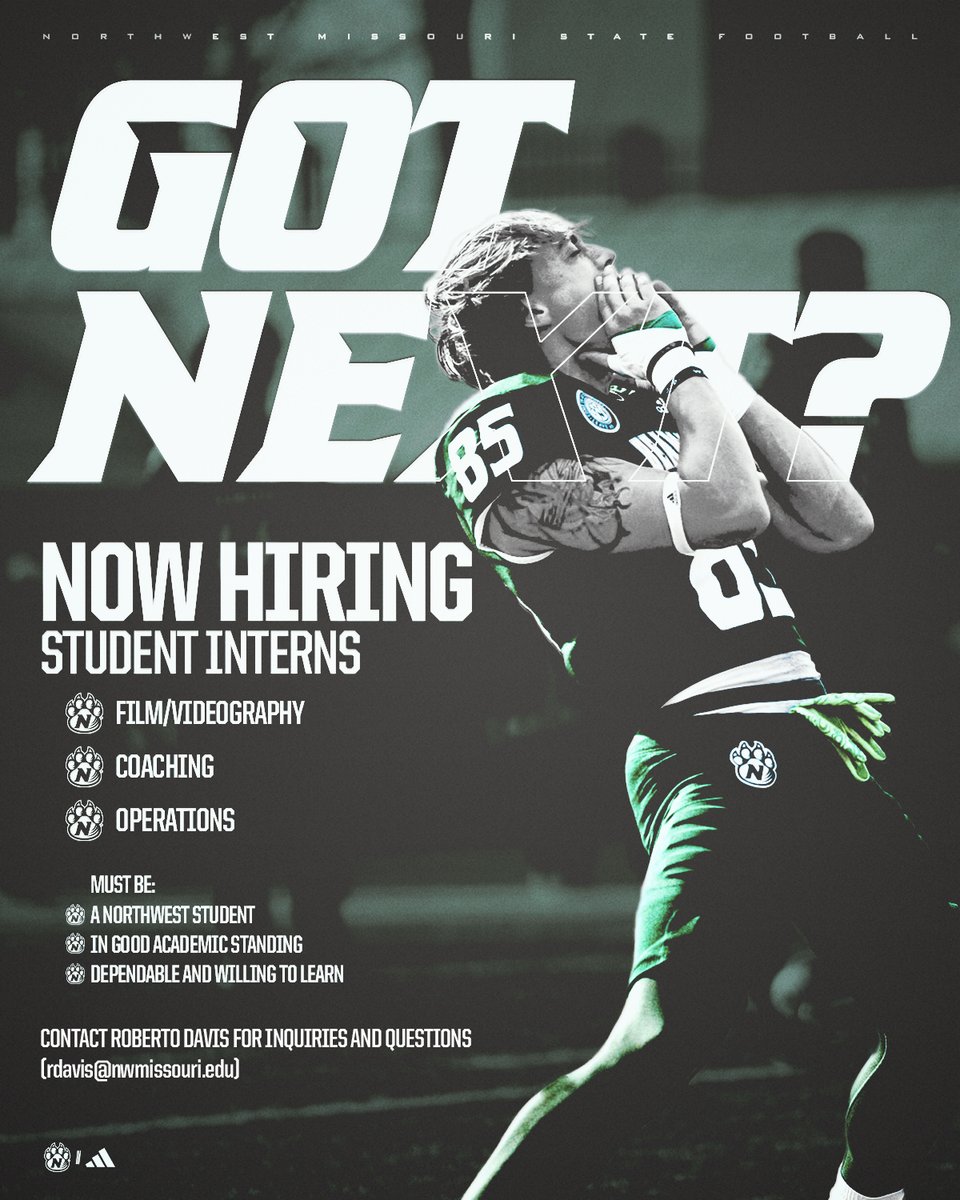 Northwest Football (@nwbearcat_fb) on Twitter photo ๐จ Help Wanted ๐ท
Want to learn what itโs like to be apart of a top notch program. Any and all students are encouraged to reach out for more info.
Email: Rdavis@nwmissouri.edu ๐จ Help Wanted ๐ท
Want to learn what itโs like to be apart of a top notch program. Any and all students are encouraged to reach out for more info.
Email: Rdavis@nwmissouri.edu