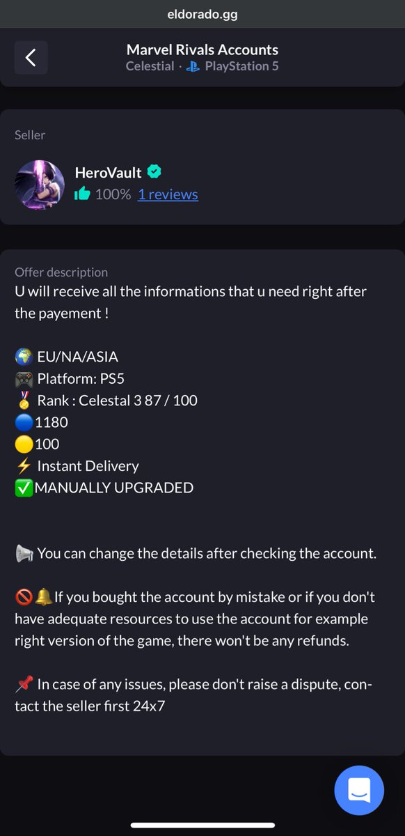 Hey Marvel Rivals players ! 🦸‍♂️

HeroVault just opened on eldorado.gg and X ! 💥

With HeroVault u can buy some high elo accounts with cheap prices or ask us to grind ur account to a specific rank 📈

Check our store and dm us on X if u need any custom demand ✅