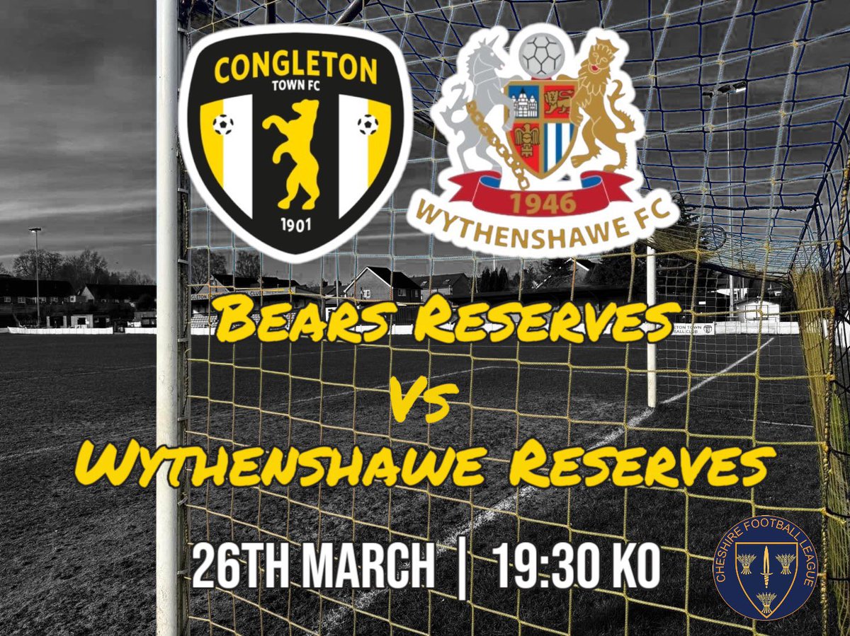 Reserves are back at The Cleric Stadium on Wednesday as they look to get 3 back to back wins at the Cleric Stadium. 

Manager Martin Cornes and the squad welcome Wythenshawe FC Reserves to Cheshire East. 

COME ON YOU BEARS 🐻