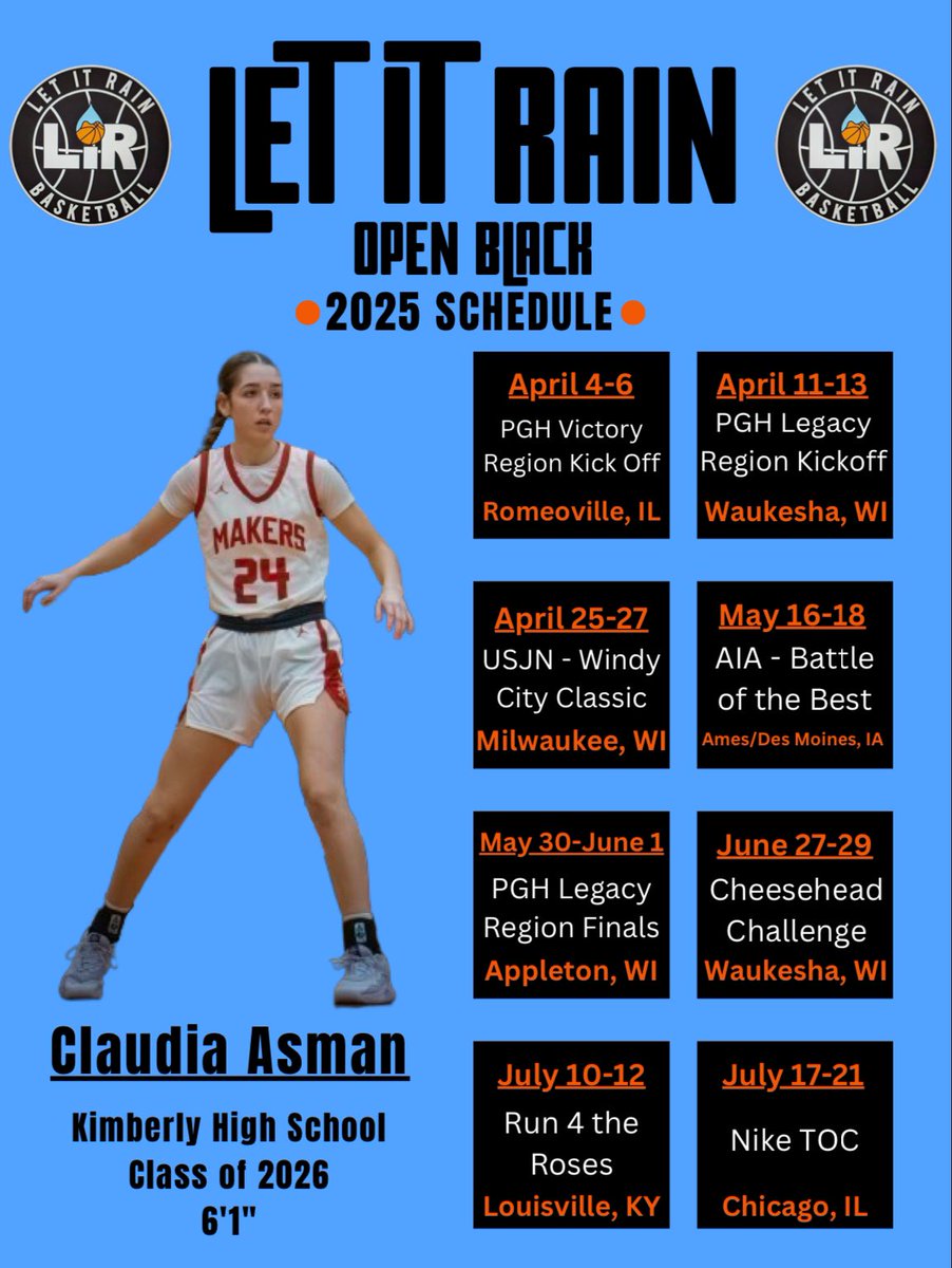 Claudia Asman (@claudiaasman) on Twitter photo This AAU season I will be on <a href="/LiROpenBlack/">Let it Rain Open Black</a> again!! I am so excited for the opportunity to play against the best competition. Below is my schedule and where you can find my team. So ready to hit the court with a great group of girls! This AAU season I will be on <a href="/LiROpenBlack/">Let it Rain Open Black</a> again!! I am so excited for the opportunity to play against the best competition. Below is my schedule and where you can find my team. So ready to hit the court with a great group of girls!