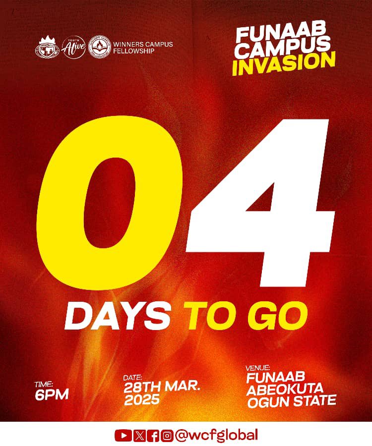 wcf_funaab's tweet photo. 🔥 4 DAYS TO GO! 🔥

If you are too familiar with God, you will miss Him!

A sound is rising… Can you hear it?
Heaven’s agenda is about to be fulfilled.

*Your encounter is waiting!*

Date: 28th March 2025
Time: 6 PM PROMPT
Venue: FUNAAB, ABEOKUTA CAR PARK, OGUN STATE https://t.co/AH08yHUNDz