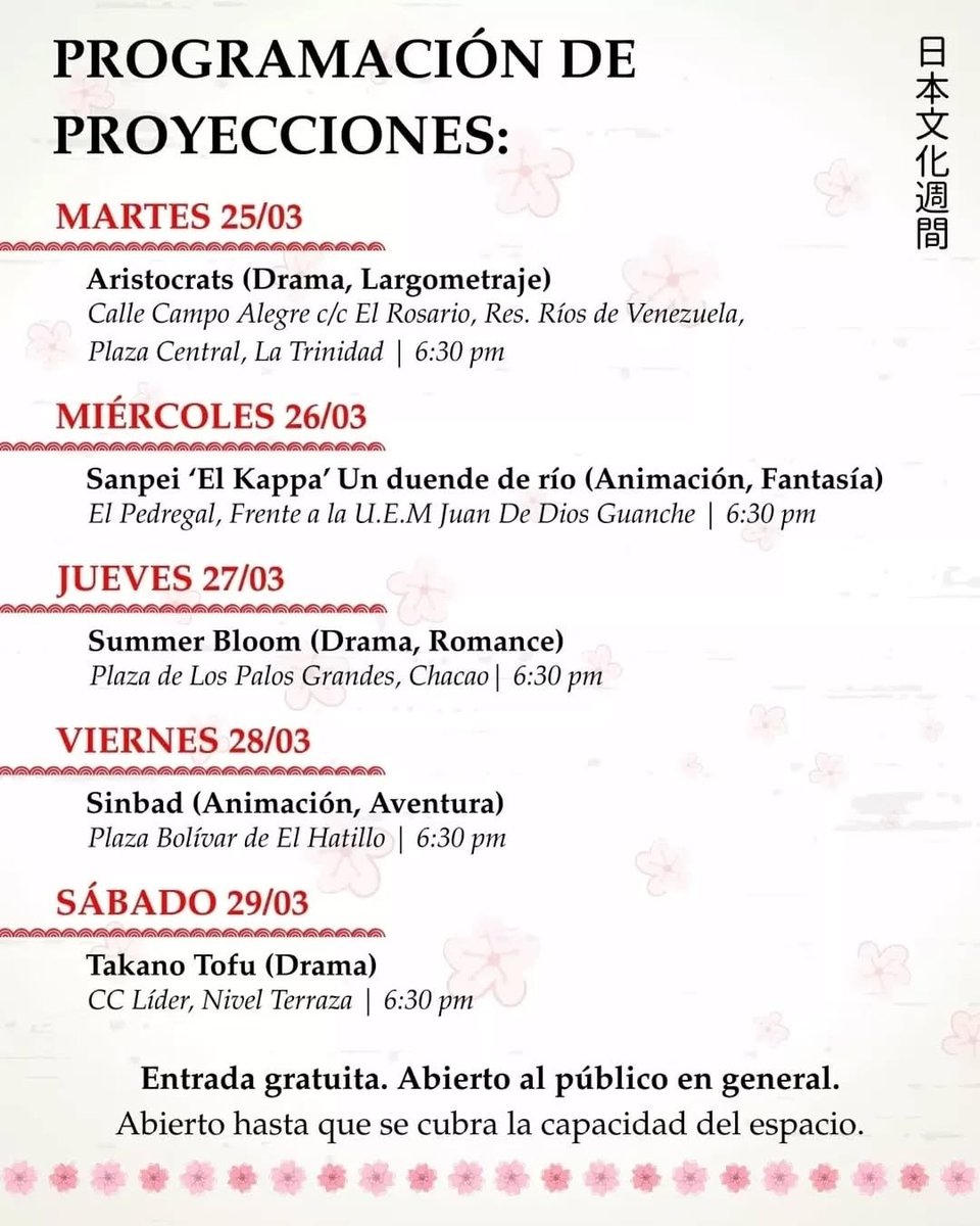 AcaCaracas's tweet photo. #AcáCaracas de cine japonés y entrada libre 🎬

Desde este #25Mar y hasta el #30Mar la cinematografía japonesa📽 se dejará ver por varias locaciones caraqueñas en el marco de LA SEMANA CULTURAL DEL JAPÓN EN CARACAS🇯🇵

Proyecciones GRATIS en: Chacao, Baruta, El Hatillo y @CCLIDER https://t.co/QhE6yooZma