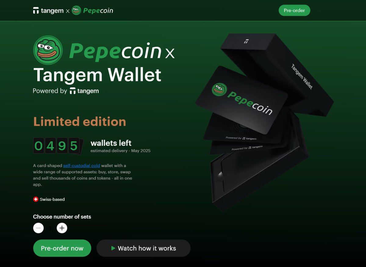 PepecoinNetwork's tweet image. Pepecoin Co-Branded Tangem Wallets are back in stock!!

They are selling out fast so be sure to get them while you can.

Use promo code PEPECOIN to get 10% off!!

Preorder Now: pepecoin.tangem.com