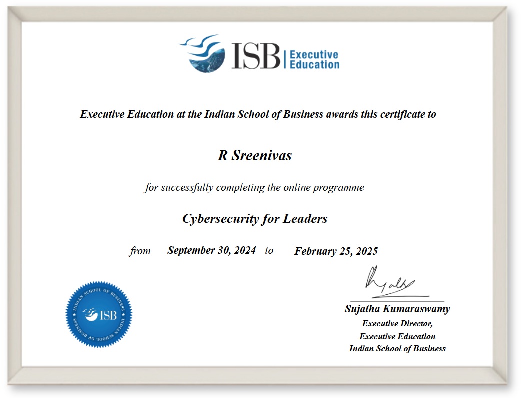 Excited to share that I’ve successfully completed a "Cybersecurity for Leaders" certification program from <a href="/ISBedu/">Indian School of Business (ISB)</a> , #1 Business school in India!

The insights gained around strategy, leadership, and innovation will be instrumental as I work towards building security solutions.