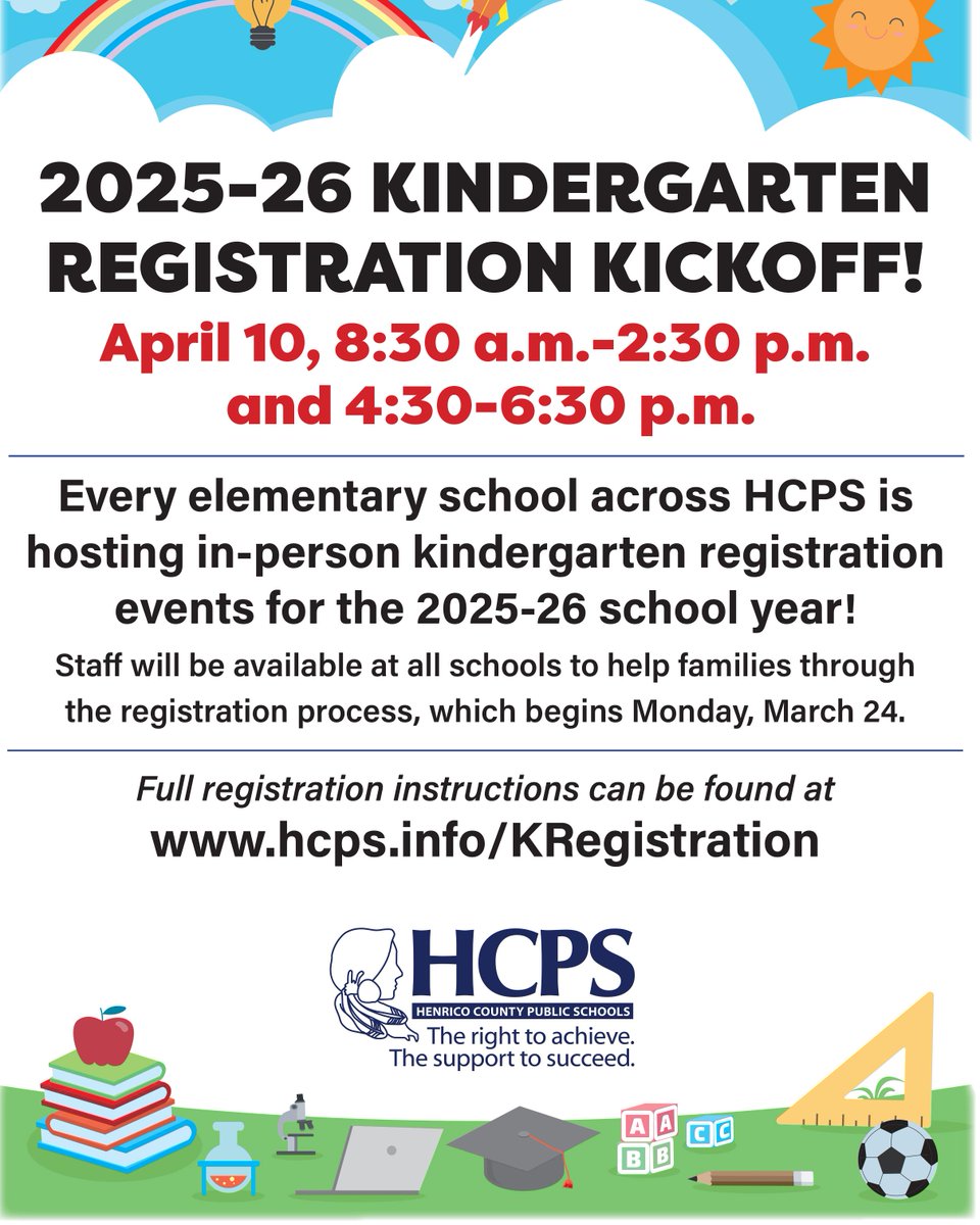 HCPS kindergarten registration for 2025-26 is officially open! 👉️

You can begin the process at hcps.info/KRegistration, or you can visit your zoned elementary school in person for the 2025-26 Kindergarten Registration Kickoff Thursday, April 10! 

henricoschools.us/article/2100537