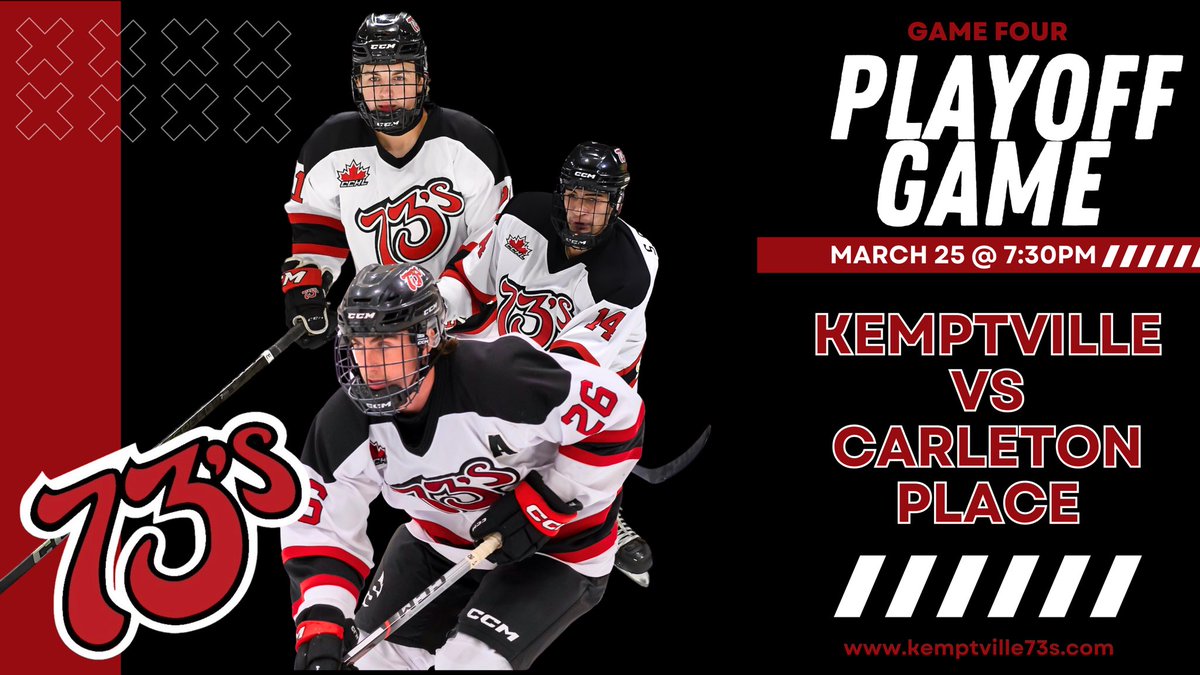 Kemptville 73's (@kemptville73s) on Twitter photo Join us TOMORROW NIGHT at home for game 4 vs <a href="/CPCANADIANS/">X - Carleton Place Canadians</a> as the 73’s fight to stay alive! 🏒 Join us TOMORROW NIGHT at home for game 4 vs <a href="/CPCANADIANS/">X - Carleton Place Canadians</a> as the 73’s fight to stay alive! 🏒
