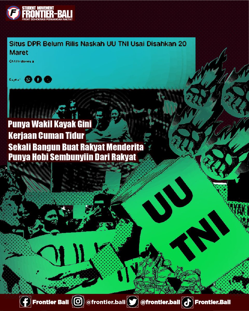 Pemerintah Makin Kolot dan Tuli, Rakyat Dianggap Musuh dan Kebijakan Tidak Pro Rakyat Makin di Gas!!

#tolakruutni
#indonesiagelap
#frontierbali
#mahasiswa
#studentmovement