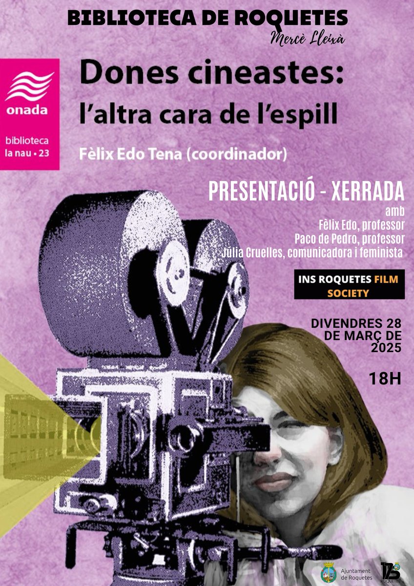 'Dones cineastes: l'altra cara de l'espill' sota la coordinació de Fèlix Edo Tena. <a href="/EdoTena/">Fèlix Edo Tena</a> <a href="/OnadaEdicions/">Onada Edicions</a> 

Ens hi acompanyaran els professors Fèlix Edo i Paco de Pedro, i la comunicadora i feminista, Júlia Cruelles. 

Divendres 28 de març 🕕 a les 18h