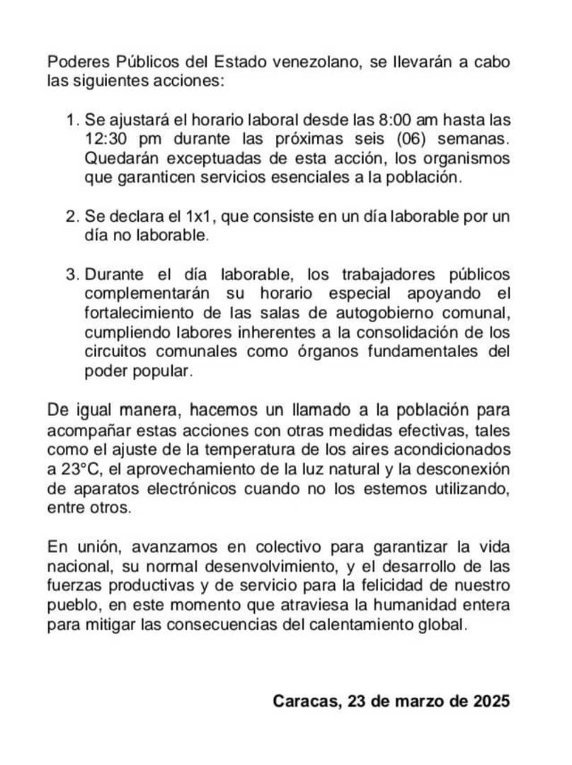 El Ministerio de Energía Eléctrica publicó un Comunicado en el cual informan que, producto de la "emergencia climática por altas temperaturas", desde hoy lunes 24 de marzo de 2025 la Administración Pública ajustará su jornada laboral de 8:00am a 12:30pm por 6 semanas

#MPAbogados