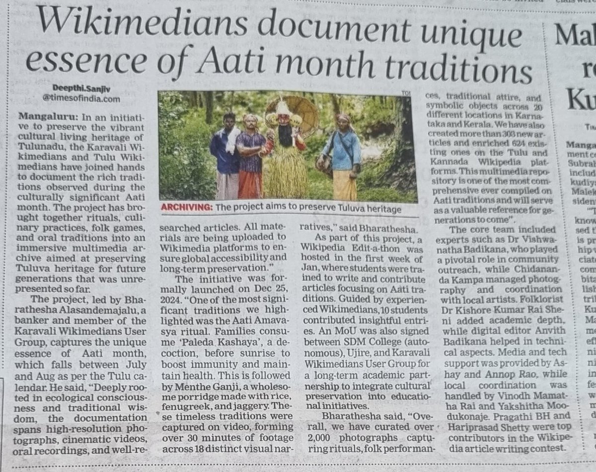 Wikimedians document the unique essence of Aati Month Traditions

<a href="/WikiFolklore/">Wiki Loves Folklore</a> 
<a href="/Wikipedia/">Wikipedia</a> 
<a href="/Wikimedia/">Wikimedia Foundation</a> 
<a href="/deepthisTOI/">Deepthi Sanjiv</a>
<a href="/timesofindia/">The Times Of India</a>
#Folklore
#Tulu