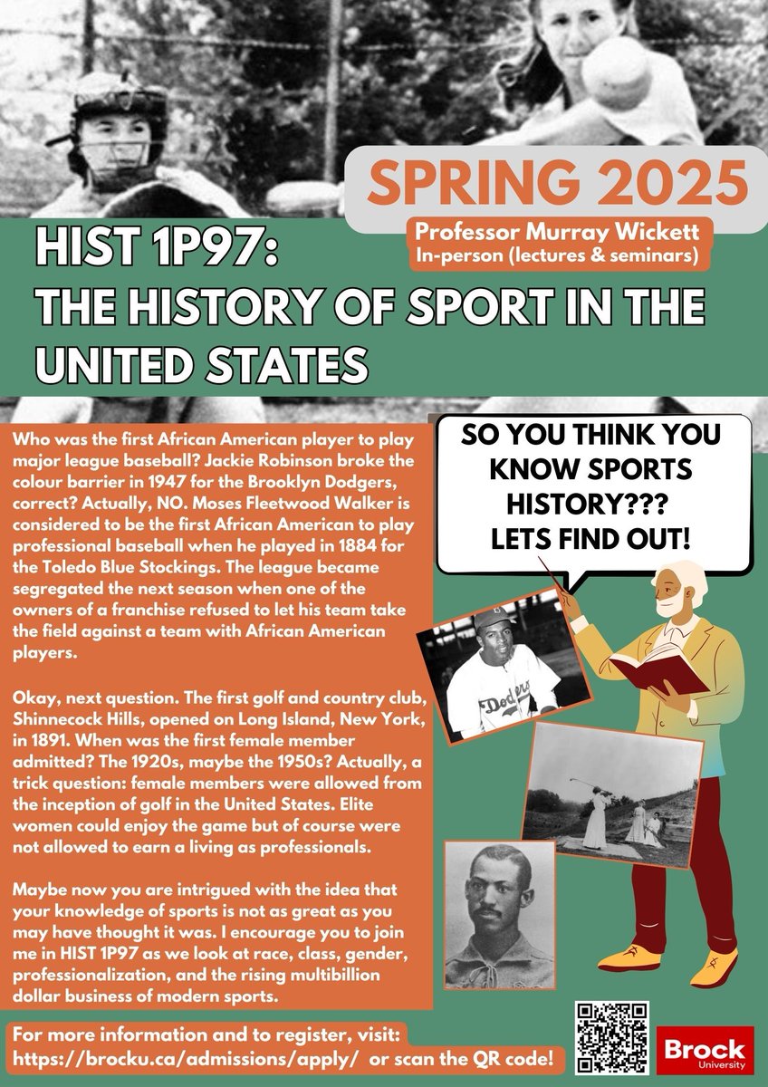 Brock History Dept (@historybrocku) on Twitter photo Register Today! ⚾️🏈
Our Spring 2025 Course "The History of Sport in the United States" taught by Professor Wickett is available for registration. The course will go over topics such as race, class, gender, professionalization and more!
 visit brocku.ca/admissions/app… Register Today! ⚾️🏈
Our Spring 2025 Course "The History of Sport in the United States" taught by Professor Wickett is available for registration. The course will go over topics such as race, class, gender, professionalization and more!
 visit brocku.ca/admissions/app…