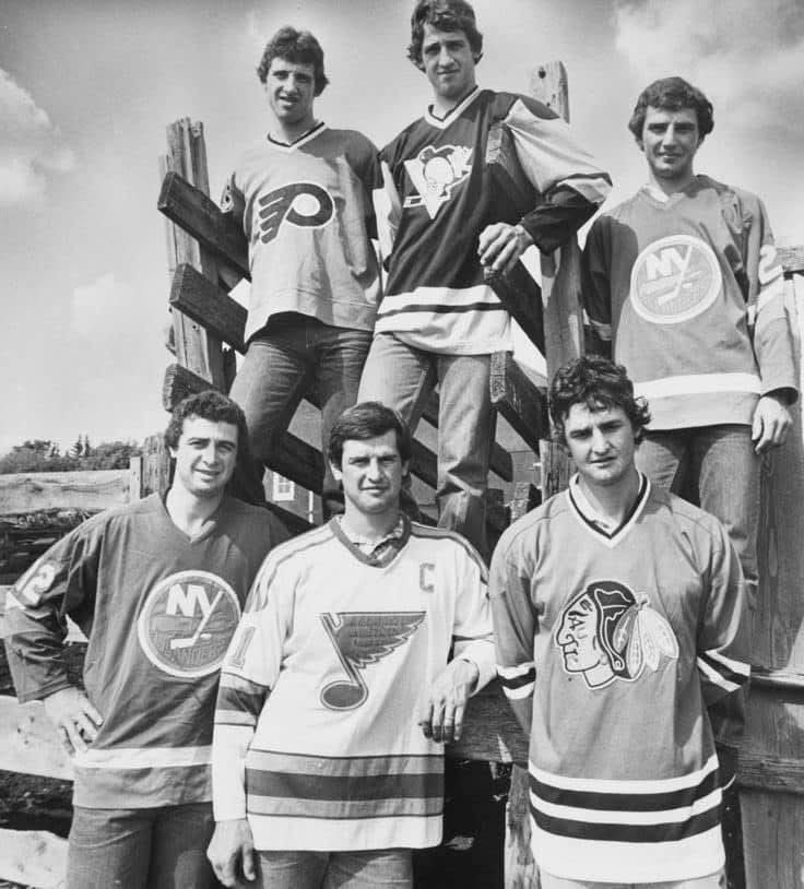 Sutter brothers from Viking, Alberta. 
From 1976 to 2001, at least one Sutter played in the NHL. 
 * Brent Sutter: 829 points
 * Brian Sutter: 636 points
 * Darryl Sutter: 279 points
 * Duane Sutter: 342 points
 * Rich Sutter: 315 points
 * Ron Sutter: 535 points
