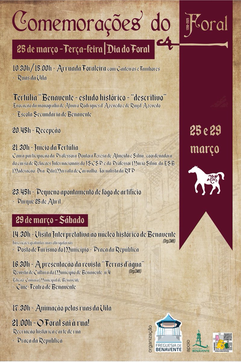 BenaventeCamara's tweet image. 🥳 HOJE COMEÇAM AS COMEMORAÇÕES DOS 825 ANOS DO FORAL DE BENAVENTE. PARTICIPE!
📆 25 e 29 de março
📍 Benavente
-
#foral #comemorações #825anos #juntadefreguesia #municipiodebenavente #benavente #samoracorreia #santoestevao #barrosa