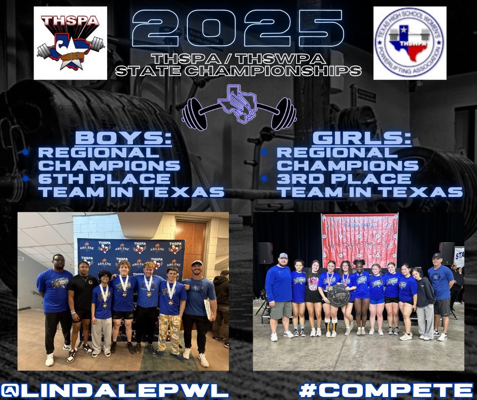 Lindale Powerlifting (@lindalepwl) on Twitter photo We are so proud of our Student-Athletes for their accomplishments individually and as a TEAM! #COMPETE
Historic season for this program:
🥇 2 State Champions
🏅 6 State Medalists
🏆 2 Regional Championships
🏅 24 Regional Medalists
<a href="/LindaleISDNews/">Lindale ISD</a> <a href="/LHSEagleEye/">Eagle Eye</a> <a href="/Coach_Cochran/">Chris Cochran</a> We are so proud of our Student-Athletes for their accomplishments individually and as a TEAM! #COMPETE
Historic season for this program:
🥇 2 State Champions
🏅 6 State Medalists
🏆 2 Regional Championships
🏅 24 Regional Medalists
<a href="/LindaleISDNews/">Lindale ISD</a> <a href="/LHSEagleEye/">Eagle Eye</a> <a href="/Coach_Cochran/">Chris Cochran</a>