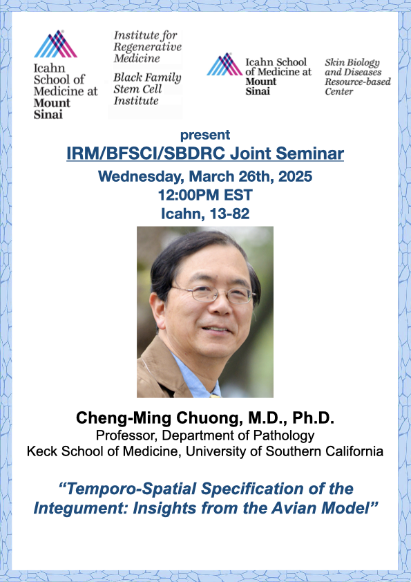 SBDRC at Mount Sinai (@sbdrcatmtsinai) on Twitter photo Please join us on March 26th for the SBDRC at MtSinai Seminar in collaboration with @sinaistemcell and <a href="/Sinai_IRM/">Mount Sinai Institute for Regenerative Medicine</a>. Dr. Chuong will be presenting his lab's exciting work on avian skin. External members check your email with Zoom details! Please join us on March 26th for the SBDRC at MtSinai Seminar in collaboration with @sinaistemcell and <a href="/Sinai_IRM/">Mount Sinai Institute for Regenerative Medicine</a>. Dr. Chuong will be presenting his lab's exciting work on avian skin. External members check your email with Zoom details!