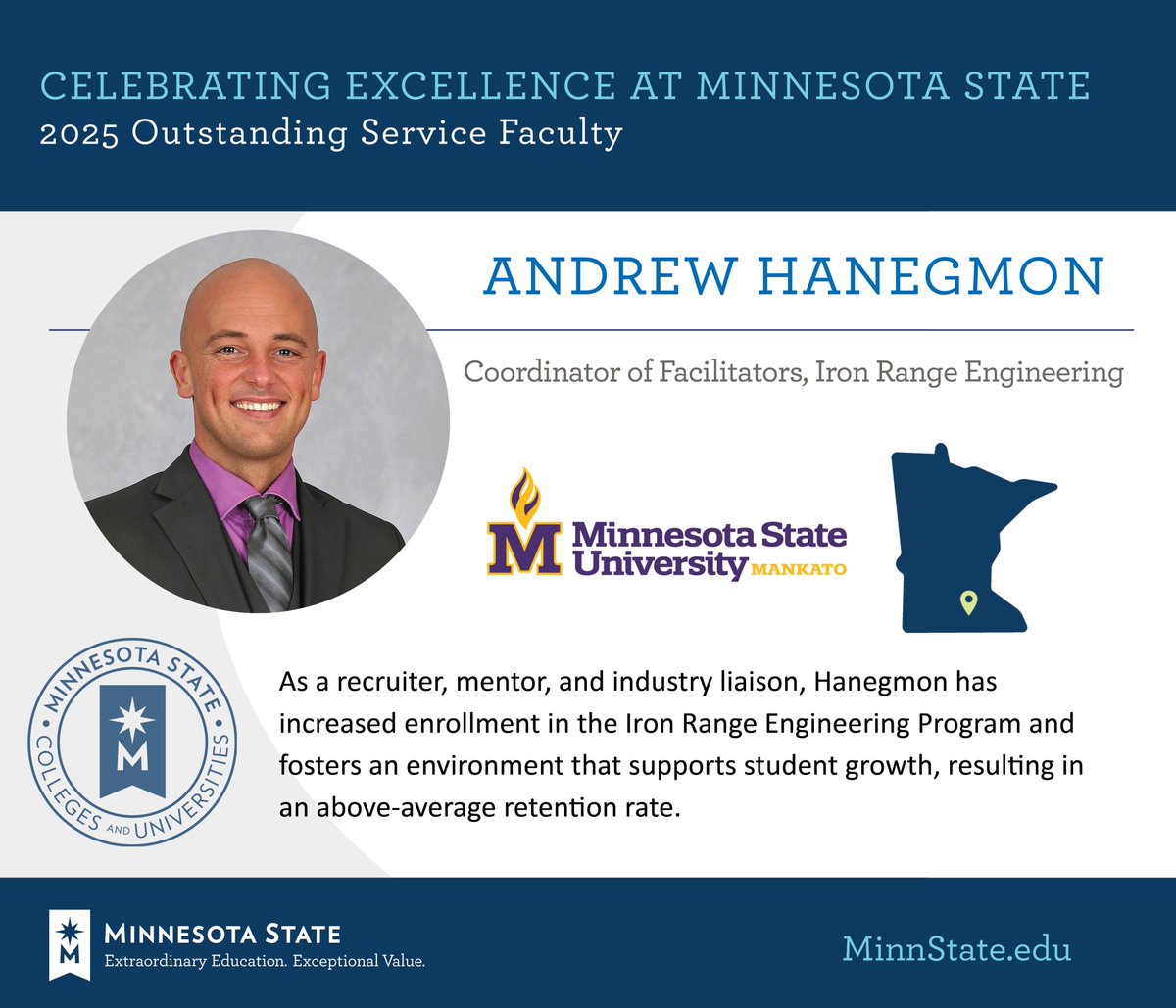 Andrew Hanegmon from <a href="/MNSUMankato/">Minnesota State Mankato</a> was named as an Outstanding Service Faculty at the 2025 Board of Trustees Awards. Congratulations! 

See more at MinnState.edu/BOTawards. #MinnStateBOTawards