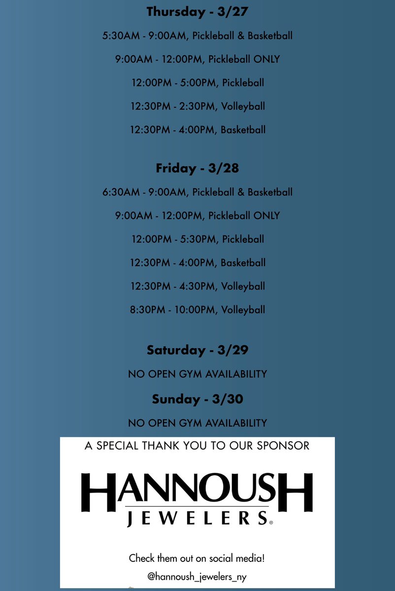 Happy Monday! 🙌🌧️

Here is this week’s Open Gym Availability (3/24-3/30)🏓🏀

A big shoutout to our sponsor, Hannoush Jewelers! 

#opengym #monday #schedule #athlete #week #halfmoon #ImpactAthleticCenter #YouRock