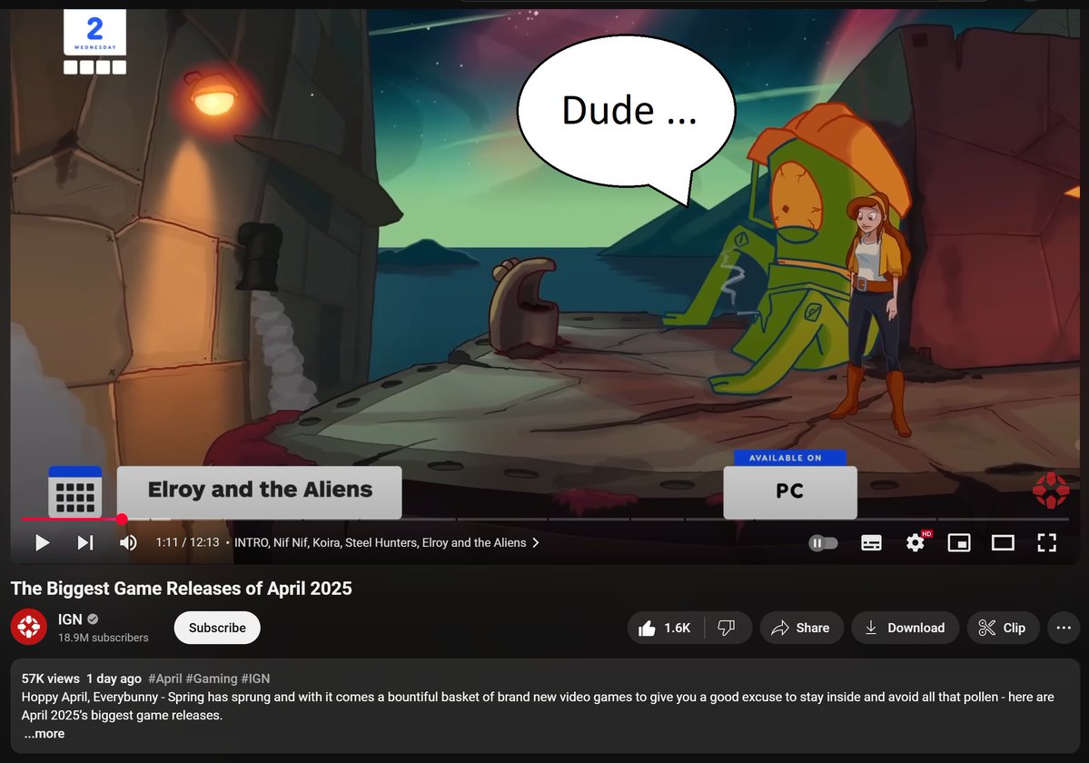 Elroy is part of <a href="/IGN/">IGN</a>'s "The Biggest Game Releases of April 2025" announcement. 🥰 youtu.be/44px7EZDeKY?si… 

9 days to go until launch. Excited! 🚀 

#indiegame #AdventureGame