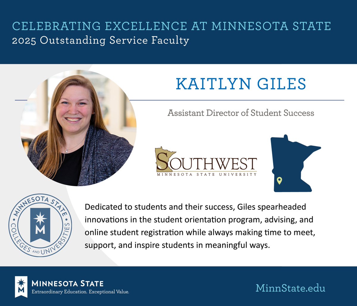 Kaitlyn Giles from <a href="/SMSUToday/">SMSU Today</a> was named as an Outstanding Service Faculty at the 2025 Board of Trustees Awards. Congratulations! 

See more at MinnState.edu/BOTawards. #MinnStateBOTawards