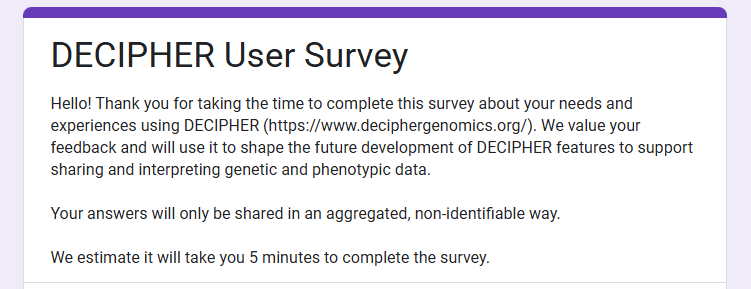 Can you spare 5 minutes to help shape the future development of DECIPHER?
Your views are extremely important to us.

Please access our user survey here: docs.google.com/forms/d/e/1FAI…