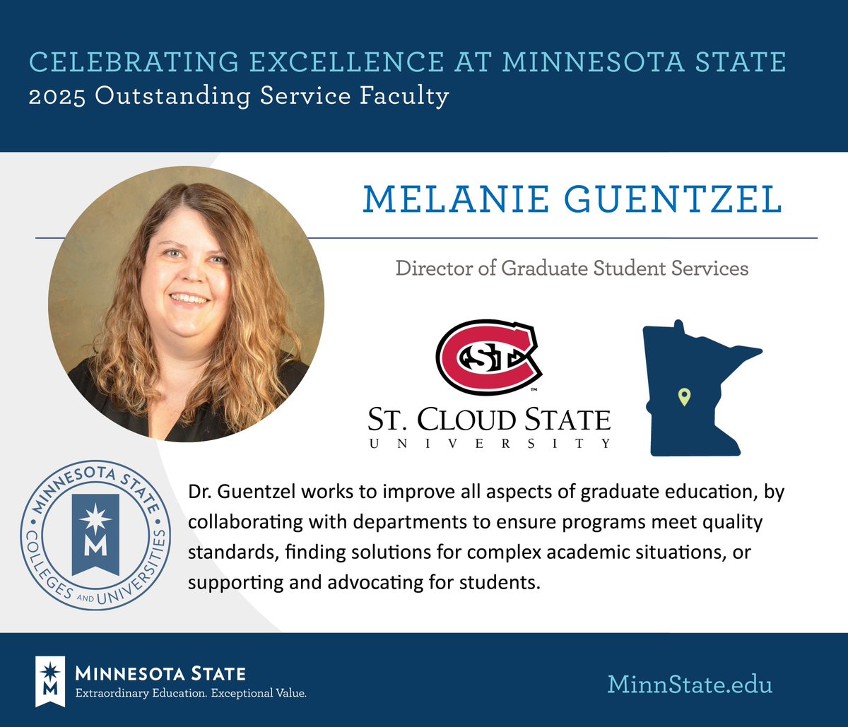 Melanie Guentzel from <a href="/stcloudstate/">St. Cloud State</a>  was named as an Outstanding Service Faculty at the 2025 Board of Trustees Awards. Congratulations! 

See more at MinnState.edu/BOTawards. #MinnStateBOTawards