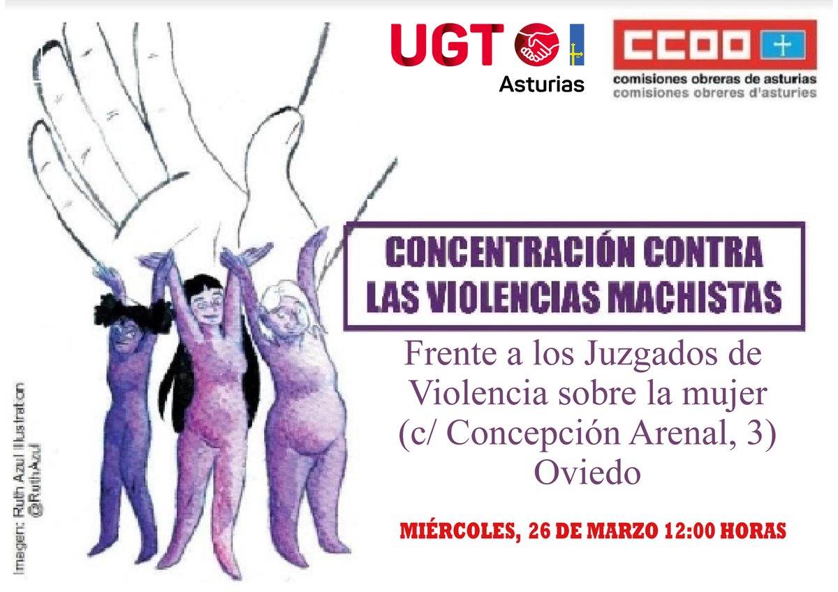 📢CONCENTRACIÓN el miércoles 26 de marzo📢

📍Frente a los Juzgados de Violencia sobre la Mujer
📌Calle Concepción Arenal 3, Oviedo

✊💜¡Por un mundo sin violencia machista!
💪✨¡Por una vida digna y libre para todas y todos!

🔥Alzamos la voz contra la violencia! ¡Te esperamos!