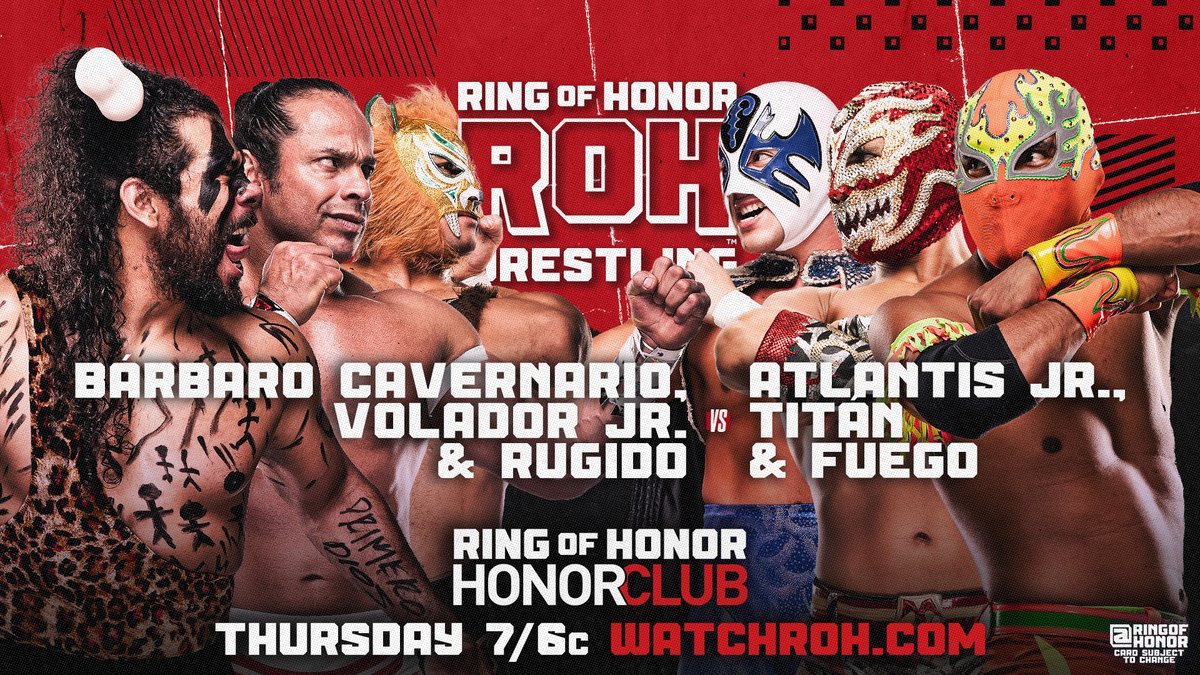 Former ROH World TV Champion Atlantis Jr. teams up with <a href="/FuegoCmll/">fuego</a> &amp; <a href="/Titan_cmll/">Titan</a> to face <a href="/barbanario/">Bárbaro Cavernario</a>, <a href="/Rugido_luchador/">Rugido luchador</a> &amp; <a href="/VoladorCMLL/">Volador Jr. CMLL</a> this Thursday on ROH TV!

📺 Watch ROH TV on #HonorClub at WatchROH.com 7/6c