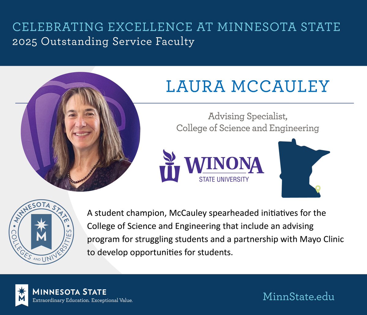 Laura McCauley from <a href="/winonastateu/">Winona State University</a> was named as an Outstanding Service Faculty at the 2025 Board of Trustees Awards. Congratulations! 

See more at MinnState.edu/BOTawards. #MinnStateBOTawards