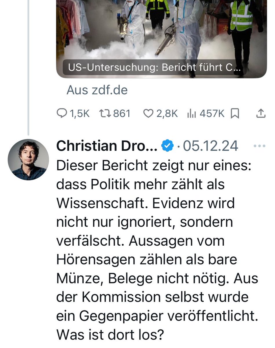 Quo_vadis_BRD's tweet image. 1/ Bemerkenswert, wie gereizt sich @c_drosten noch am 05.12.24 über einen Artikel des @ZDF empörte, der den Bericht aus den USA zur Theorie eines Laborunfalls bei SARS-CoV-2 aufgegriffen hatte - nur um dann wenige Wochen später via @tazgezwitscher eigene urplötzliche Zweifel …