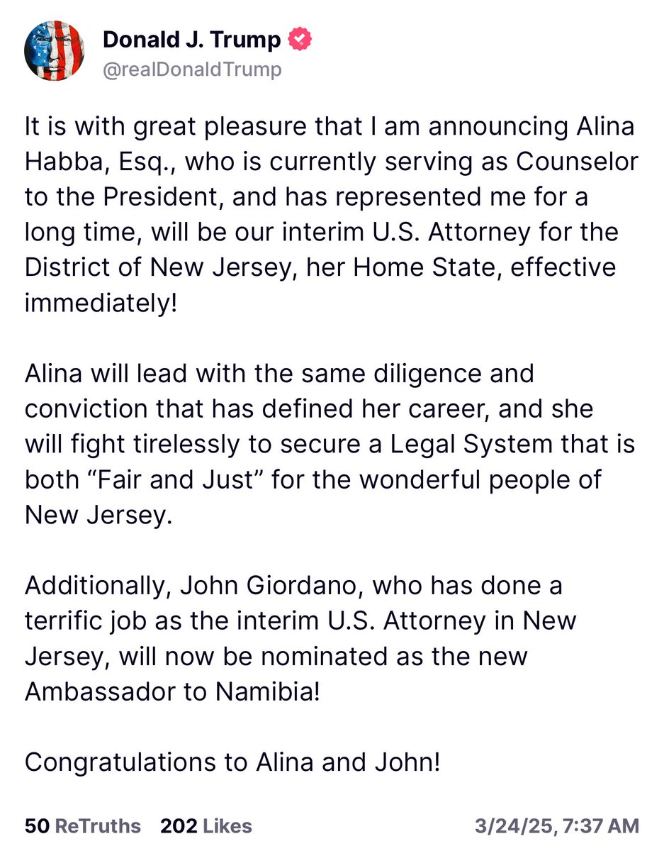 yashar's tweet photo. NEWS

President Trump says Alina Habba, who has been serving in the White House as Counselor to the President, will now serve as interim US Attorney for New Jersey. 

Habba is the president’s former defense attorney. https://t.co/cKohkXYjNX