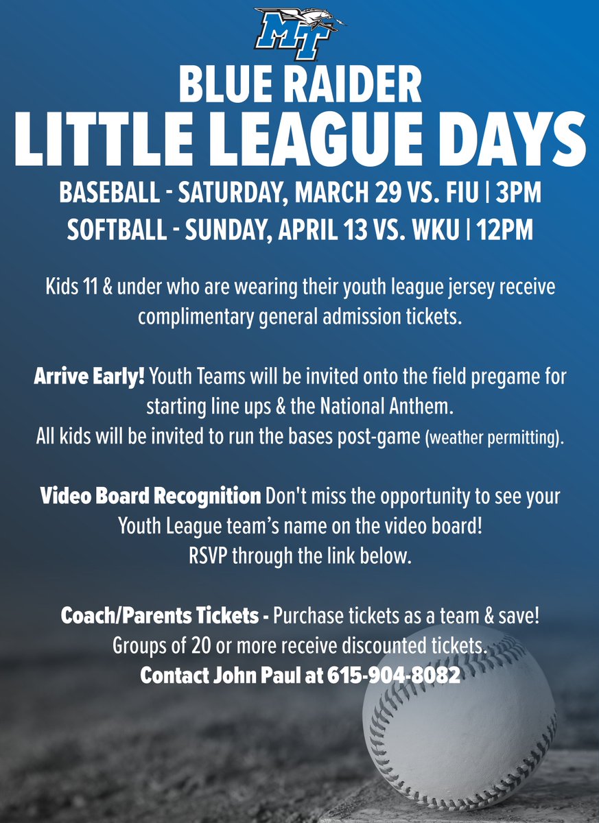Calling all Youth Baseball &amp; Softball Teams! ⚾🥎 Make plans to join us at Reese Smith Jr. Field!

Kids 11 &amp; under in their jerseys receive complimentary general admission tickets on Saturday for Little League Day!

RSVP ➡️goblueraiders.co/MTLittleLeague…
🎟️goblueraiders.co/LittleLeagueDa…