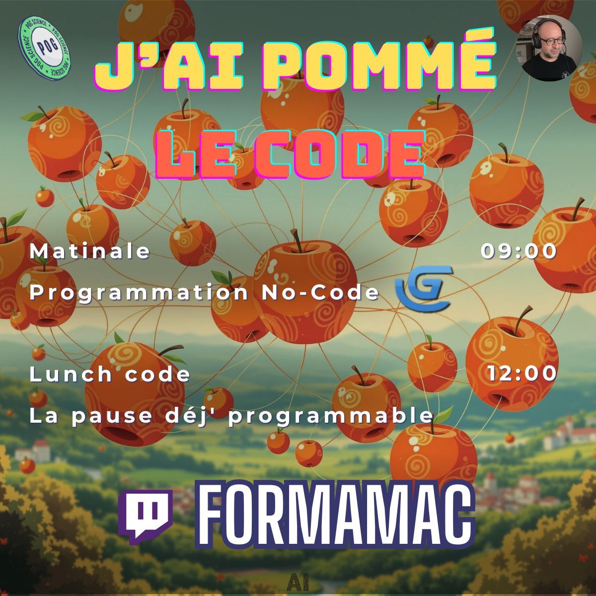 PogScience's tweet photo. 🍎 Demain 9h, Formamac fait sa matinale avec vous autour du #nocode.
➡️ https://t.co/SlNY8sH066
#twitch #vulgarisation #informatique #jeuvidéo #programation #jaipommélecode #AIGI https://t.co/gu4f7H7xtX