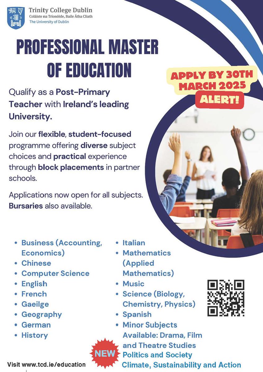 SchoolofEdTCD's tweet image. Are you considering a career as a post-primary teacher?
If you&apos;re interested in joining this rewarding profession, applications for our Professional Master of Education (PME) programmes are open until 30th March 2025.
Visit tcd.ie/education/