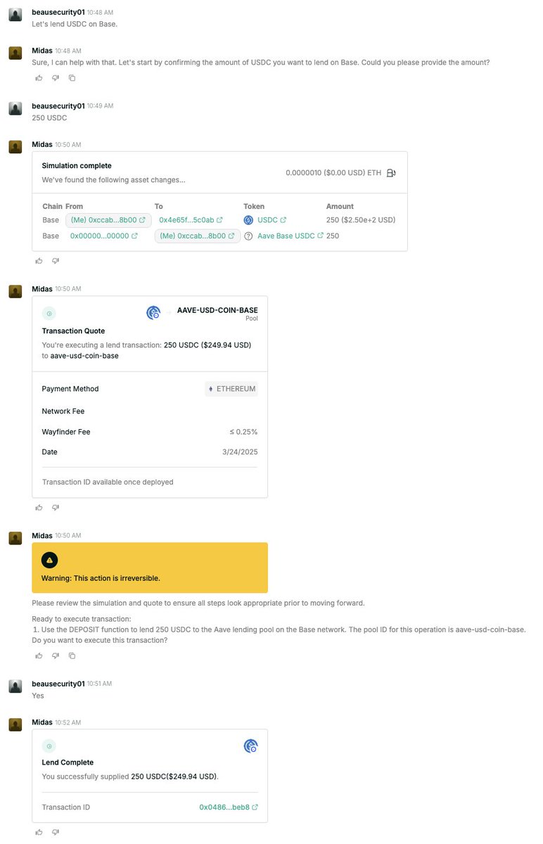 Lending USDC on AAVE with @AIWayfinder is insanely easy with natural  language prompts. People with zero onchain experience can quickly access  more complicated DeFi actions like lending, bridging, and more. The best