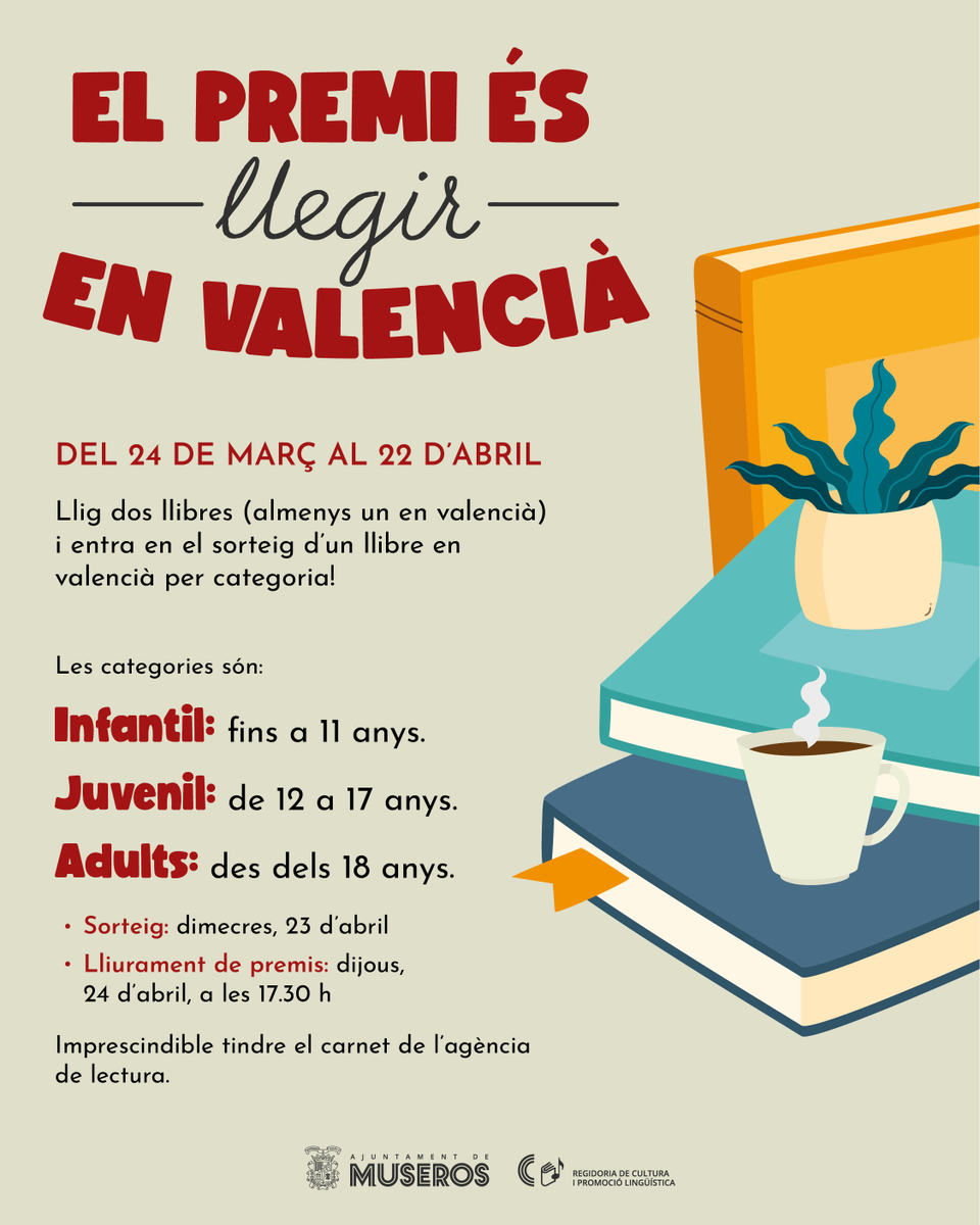 📚 📅 Des de hui, 24 de març, i fins al 22 d’abril, totes aquelles persones que lligen dos llibres, dels quals almenys un en valencià, podran participar en el sorteig d’un llibre en valencià per categoria.