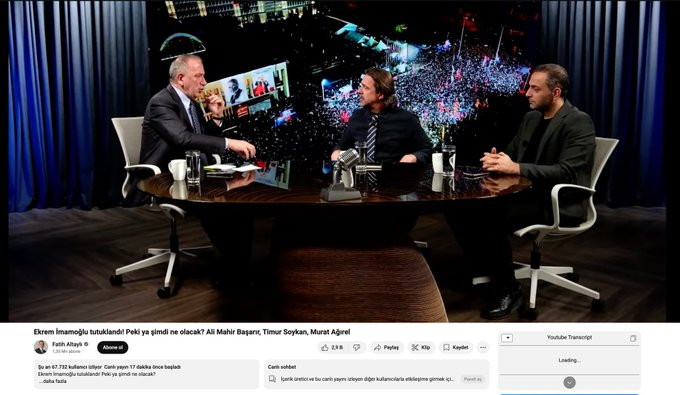 Dünkü RTÜK olayının ardından
<a href="/fatihaltayli/">Fatih Altayli 🔴🇹🇷</a> , YouTube üzerinden ve uydu aracılığıyla yayın yapan kanallara adeta gazetecilik dersi veriyor.
Canlı yayını şu anda 70.000 kişi izliyor.
Fatih Altaylı’nın yayını, gazeteciliğin nasıl yapılması gerektiğine dair önemli bir örnek sunuyor.