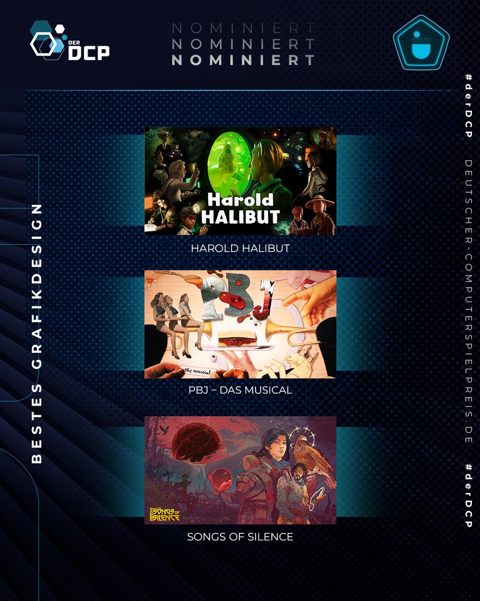 DerDCP's tweet photo. Die Nominierten für „Bestes Grafikdesign“ beim #derDCP 2025 stehen fest!
🔭  @HaroldHalibut 
🎭 PBJ - Das Musical (@kamibox_ph)
🔇 @songsofsilence_ 
Drei unglaubliche Spiele, die mit ihrer visuellen Gestaltung begeistern. Wir sind gespannt, wer das Rennen macht! 🤞 https://t.co/1rpxGf3mbG