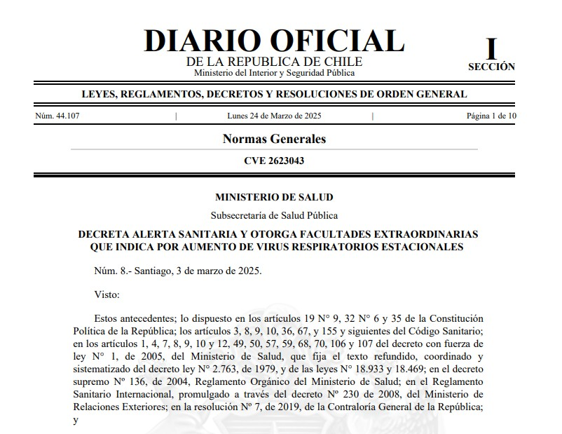 MINSAL declara Alerta Sanitaria por Virus Respiratorios. En periodo invernal aumentan enfermedades respiratorias asociadas a virus y bacterias circulantes, por ello se están ejecutando acciones preventivas para anticiparse a brotes de virus respiratorios minsal.cl/hoy-se-publico…