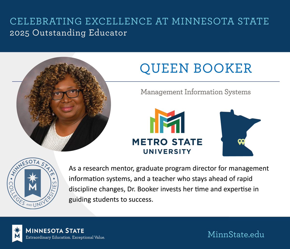 Minnesota State Academic and Student Affairs (@minnstateasa) on Twitter photo Queen Booker from <a href="/MetroStateU/">Metro State University</a> was named as an Outstanding Educator at the 2025 Board of Trustees Awards. Congratulations!
See more at MinnState.edu/BOTawards. #MinnStateBOTawards Queen Booker from <a href="/MetroStateU/">Metro State University</a> was named as an Outstanding Educator at the 2025 Board of Trustees Awards. Congratulations!
See more at MinnState.edu/BOTawards. #MinnStateBOTawards